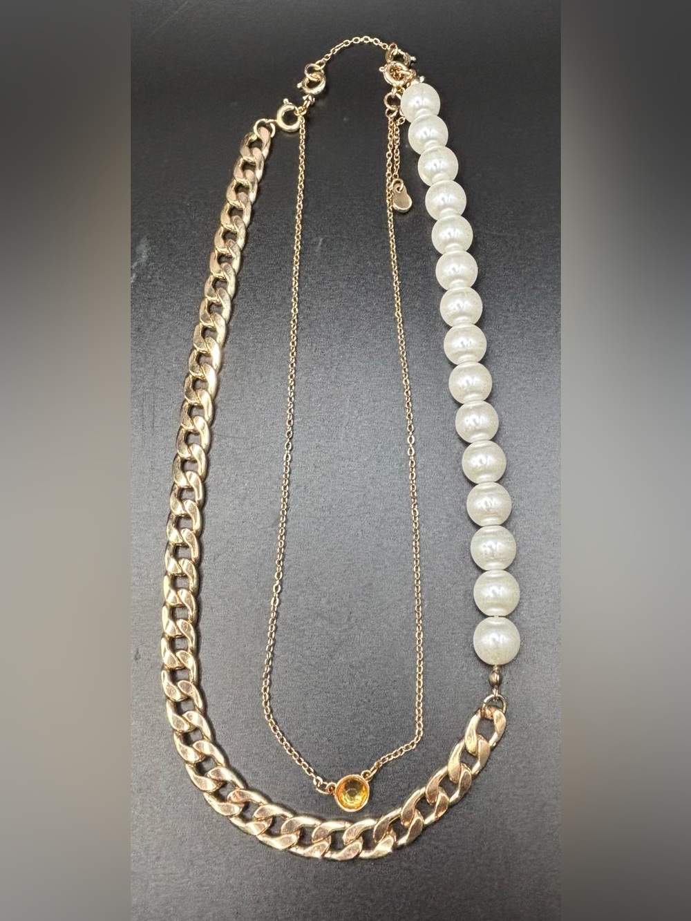 2-in-1 Asymmetric Pearl Chunky Curb Chain Layered Necklace Set Yellow Crystal